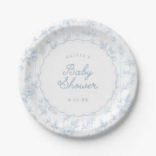 Antieke Franse bloem blauwe gekartelde baby shower Papieren Bordje