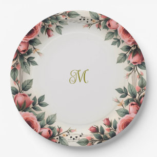 Antieke Franse bloemrozen Monogram Papieren Bordje
