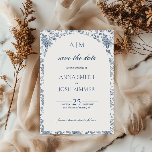 Antieke Franse Chinoiserie Blauwe Bloemige Trouw- Save The Date