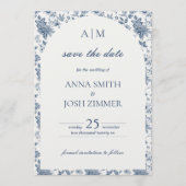 Antieke Franse Chinoiserie Blauwe Bloemige Trouw- Save The Date (Voorkant)