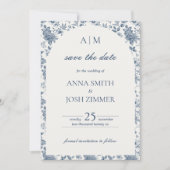 Antieke Franse Chinoiserie Blauwe Bloemige Trouw- Save The Date (Voorkant)