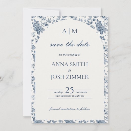 Antieke Franse Chinoiserie Blauwe Bloemige Trouw- Save The Date (Voorkant)