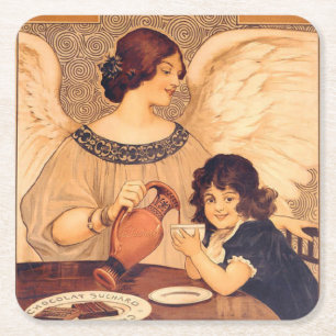 Antieke Franse Chocolade Engel Poster: Vintage Kun Kartonnen Onderzetters