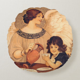 Antieke Franse Chocolade Engel Poster: Vintage Kun Rond Kussen