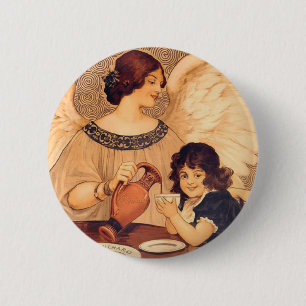 Antieke Franse Chocolade Engel Poster: Vintage Kun Ronde Button 5,7 Cm