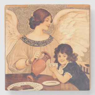 Antieke Franse Chocolade Engel Poster: Vintage Kun Stenen Onderzetter