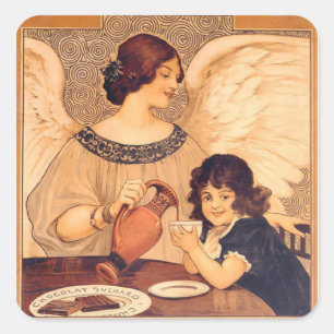 Antieke Franse Chocolade Engel Poster: Vintage Kun Vierkante Sticker