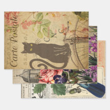 Antieke Franse Ephemera Decoupage Collage Drie