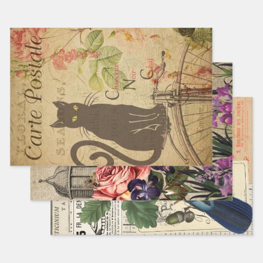 Antieke Franse Ephemera Decoupage Collage Drie Inpakpapier Vel (Set)
