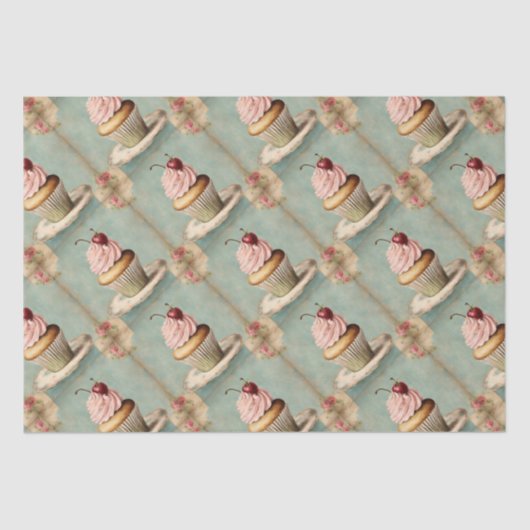 Antieke Franse Roze Cupcake Verjaardags Thee Feest Tissuepapier (Voorkant)