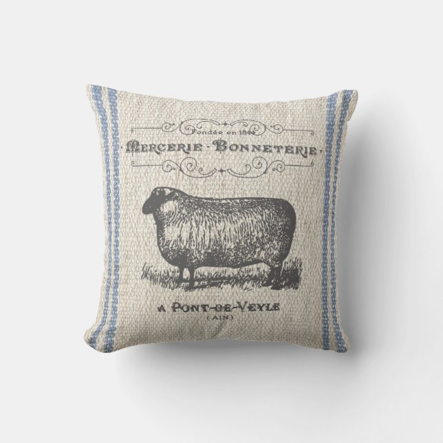 Antieke Franse schaap namaak linnen kussen (Voorkant)