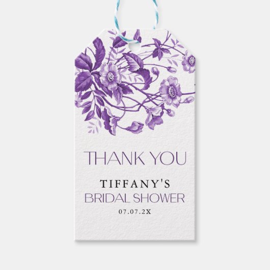 Antieke Franse Toile Paarse Bloemrijke Bruidsdouch Cadeaulabel (Voorkant)