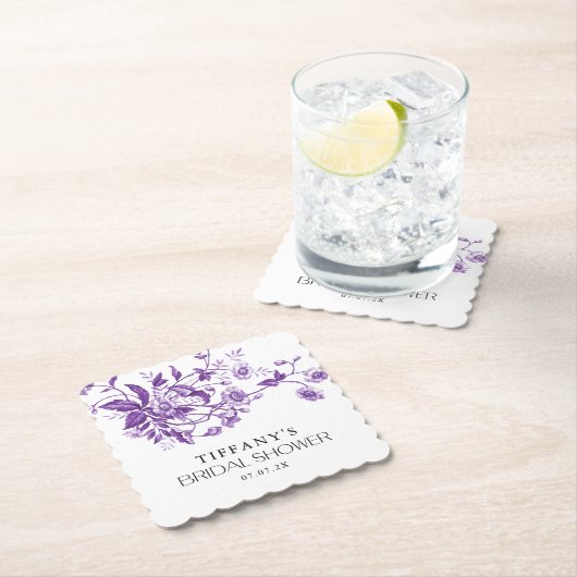 Antieke Franse Toile Paarse Bloemrijke Bruidsdouch Kartonnen Onderzetters (Insitu)