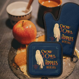 Antieke Fruitlabel Appels Uil op Blauwe Achtergron Ovenwant & Pannenlap Set