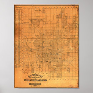 Antieke gedetailleerde kaart van Indianapolis 1885 Poster