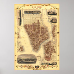 Antieke gedetailleerde New York kaartposter 1851 Poster