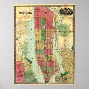 Antieke gedetailleerde New York kaartposter 1863 Poster