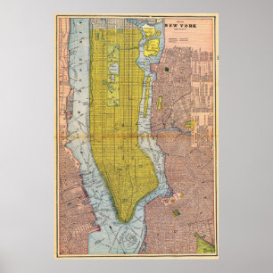 Antieke gedetailleerde New York kaartposter 1892 Poster