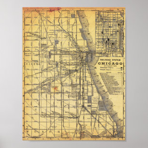 Antieke gedetailleerde spoorwegkaart van Chicago-p Poster