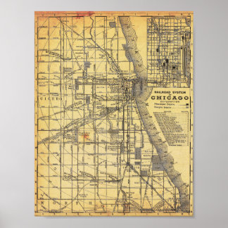 Antieke gedetailleerde spoorwegkaart van Chicago-p Poster