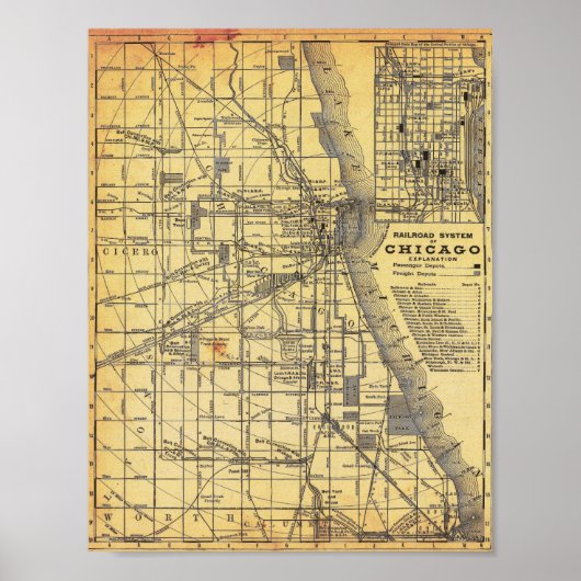 Antieke gedetailleerde spoorwegkaart van Chicago-p Poster (Voorkant)