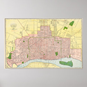 Antieke gedetailleerde stadsplattegrond van Detroi Poster