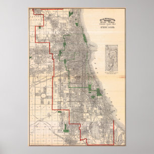 Antieke gedetailleerde wegenkaart van Chicago Poster