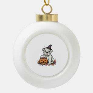 Antieke Gegraveerde Halloween Bulldog Pompoen Ontw Keramische Bal Ornament