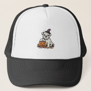 Antieke gegraveerde Halloween Bulldog Pompoen Ontw Trucker Pet