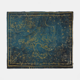 Antieke geïllustreerde donkerblauwe en gouden ster fleece deken