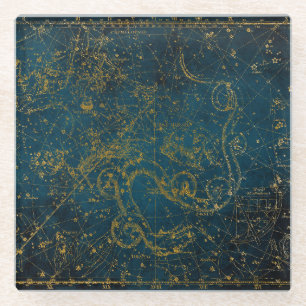 Antieke geïllustreerde donkerblauwe en gouden ster glazen onderzetter