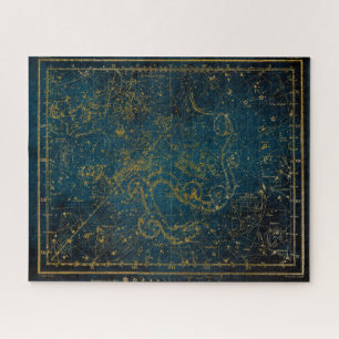 Antieke geïllustreerde donkerblauwe en gouden ster legpuzzel