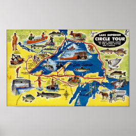 Antieke geïllustreerde kaart van het Lake Superior Poster
