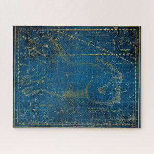 Antieke geïllustreerde midblauwe en gouden sterren legpuzzel