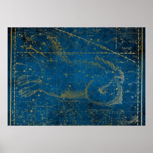 Antieke geïllustreerde midblauwe en gouden sterren poster (Voorkant)