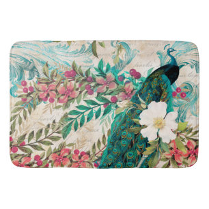 Antieke geïllustreerde pauw & bloemen grunge badmat