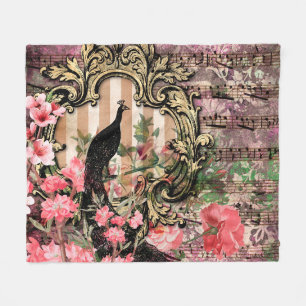 Antieke Geïllustreerde Pauw & Bloemen Grunge Fleece Deken