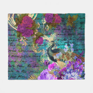 Antieke Geïllustreerde Pauw & Bloemen Grunge Fleece Deken