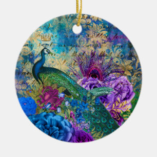 Antieke Geïllustreerde Pauw & Bloemen Grunge Keramisch Ornament