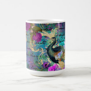Antieke Geïllustreerde Pauw & Bloemen Grunge Koffiemok