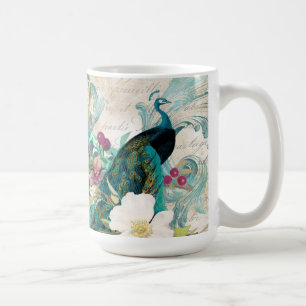 Antieke Geïllustreerde Pauw & Bloemen Grunge Koffiemok