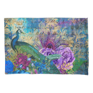 Antieke geïllustreerde pauw & bloemen Grunge Kussensloop