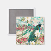 Antieke Geïllustreerde Pauw & Bloemen Grunge Magneet (Voorkant / Achterkant)