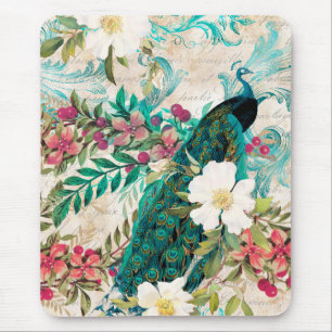 Antieke Geïllustreerde Pauw & Bloemen Grunge Muismat