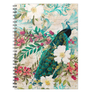 Antieke Geïllustreerde Pauw & Bloemen Grunge Notitieboek