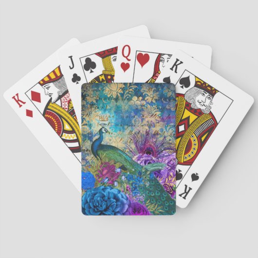 Antieke Geïllustreerde Pauw & Bloemen Grunge Pokerkaarten (Achterkant)