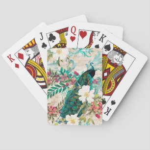 Antieke geïllustreerde pauw & bloemen grunge pokerkaarten