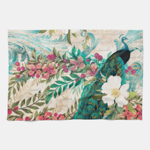 Antieke Geïllustreerde Pauw & Bloemen Grunge Theedoek