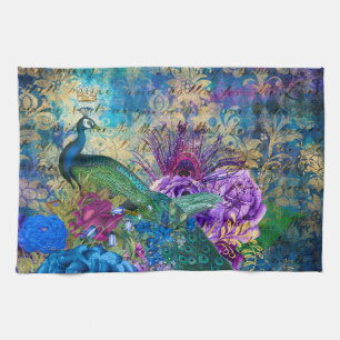 Antieke Geïllustreerde Pauw & Bloemen Grunge Theedoek