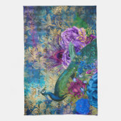 Antieke Geïllustreerde Pauw & Bloemen Grunge Theedoek (Verticaal)